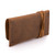 This is a tan brown leather wallet bag with a wrap around it to close it from the back.