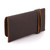 This is a dark brown leather wallet bag with a wrap around it to close it from the back.