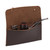 This is a dark brown leather wallet bag wide open with a tobacco pipe.