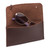 This is a red brown leather wallet bag wide open with sunglasses.
