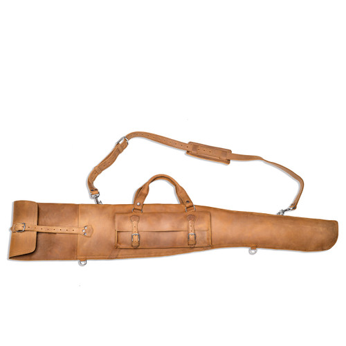 This is a tan brown leather gun sleeve for rifles and shotguns and it is facing the back.