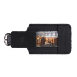 This is a black leather luggage tag that is open to  be an ID Badge Holder.