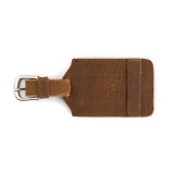 This is a tan brown leather luggage tag that is backward and to  be an ID Badge Holder.