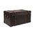 This is a leather trunk that will be a vintage antique one day in a museum. This is the back of the luggage with rivets and leather for a hinge. It is a dark brown steamer trunk that was old time luggage back in the day on trains and ships.