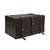 This is a leather trunk that will be a vintage antique one day in a museum. This is the front angled side. It is a dark brown steamer trunk that was old time luggage back in the day on trains and ships.