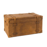 This is a leather trunk that will be a vintage antique one day in a museum. This is the back of the luggage with rivets and leather for a hinge. It is a tan brown steamer trunk that was old time luggage back in the day on trains and ships.