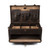 This is a leather trunk that will be a vintage antique one day in a museum. This is the luggage wide open and empty. It is a dark brown steamer trunk that was old time luggage back in the day on trains and ships.