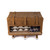 This is a leather trunk that will be a vintage antique one day in a museum. This is the front door of it that is open straight on. It is a tan brown steamer trunk that was old time luggage back in the day on trains and ships.