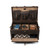 This is a leather trunk that will be a vintage antique one day in a museum. This is the luggage wide open and empty. It is a dark brown leather steamer trunk that was old time luggage back in the day on trains and ships.