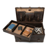 This is a leather trunk that will be a vintage antique one day in a museum. This is the back of the luggage when the tray is moved. It is a dark brown steamer trunk that was old time luggage back in the day on trains and ships.