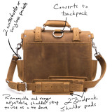 The backside of a full grain leather backpack that has details detailed out.