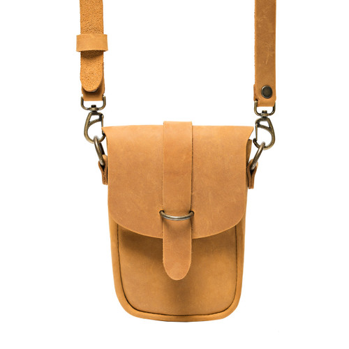 This is the front view of the light tan  Crossbody Leather Koroha pouch
