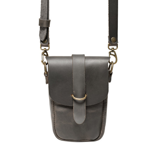 This is the front view of the carbon black Crossbody Leather Koroha Pouch