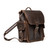 This is a squared dark brown leather backpack with an old phone behind the side pocket.