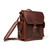 This is a squared red brown leather backpack with an old phone behind the side pocket.
