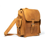 This is a tan brown leather backpack from the side view.