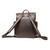 This is a dark brown leather backpack back view with a front pocket and two side pockets.