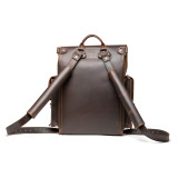 This is a dark brown leather backpack back view with a front pocket and two side pockets.