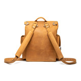 This is the back side of a tan brown leather backpack with the shoulder pads.