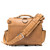 This is the back view with the strap of a tan brown rounded leather satchel.