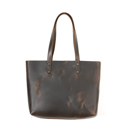 This is the front view of the dark brown simple leather tote