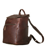 This is the side view of the leather all in one backpack in chestnut