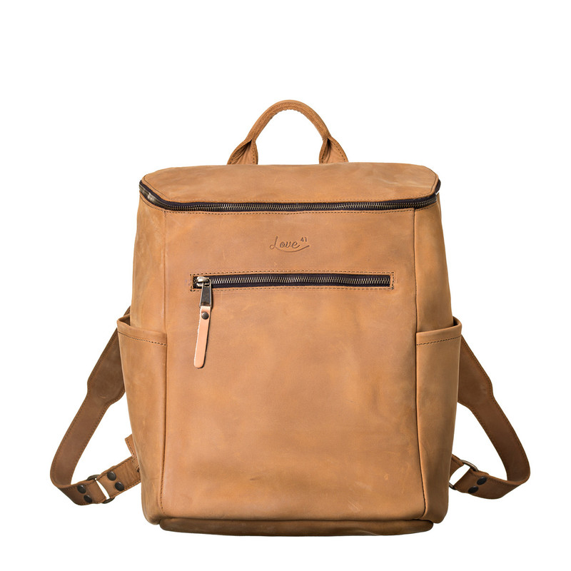 This is the front view of the leather all in one backpack in light tan