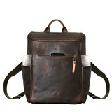 This is the front view with bottles of the leather all in one backpack in dark coffee