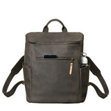 This is the front view with device of the leather all in one backpack in black