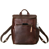 This is the front view of the leather all in one backpack in chestnut showing a device in the pocket