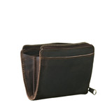 This is the side view of the dark brown medium leather wallet