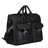 This is the black flight bag leather briefcase shown from the side angle with two handles and a shoulder strap. Made by Saddleback