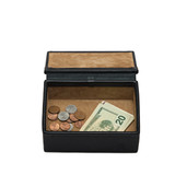 This is the opened black small organizer box that is holding money. Made by Saddleback