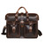 This is the dark coffee brown flight bag leather briefcase with two front pockets, two handles, and a shoulder strap. Made by Saddleback