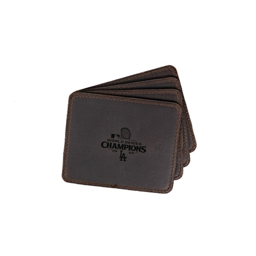 Dark coffee brown leather coaster set of 4 with the Los Angeles Dodgers World Series logo. Made by Saddleback