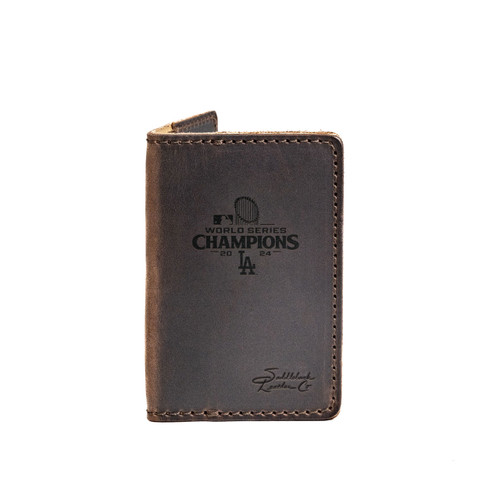 Dark coffee brown leather business card holder with the Los Angeles Dodgers World Series logo on the front. Made by Saddleback