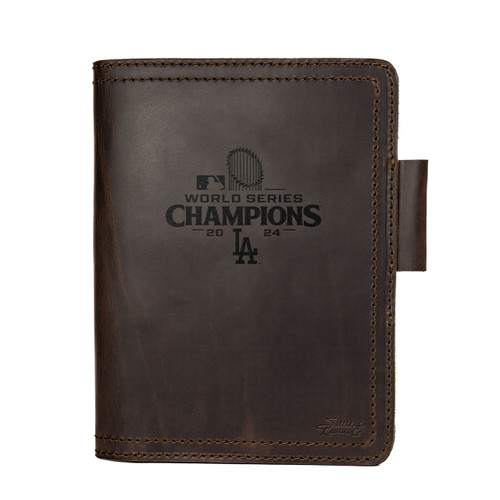 Dark coffee brown leather journal cover with a pen holder and interior pockets. Made by Saddleback