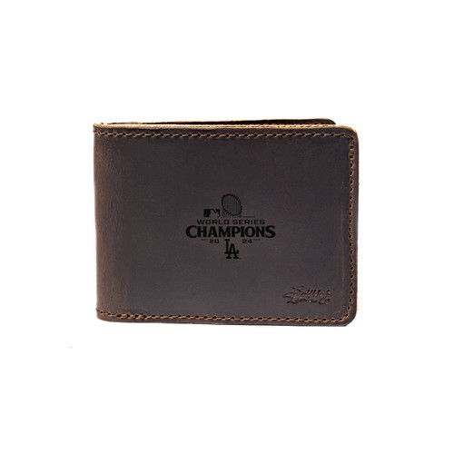 Dark coffee brown leather bifold wallet with the Los Angeles Dodgers World Series logo on the front. Made by Saddleback