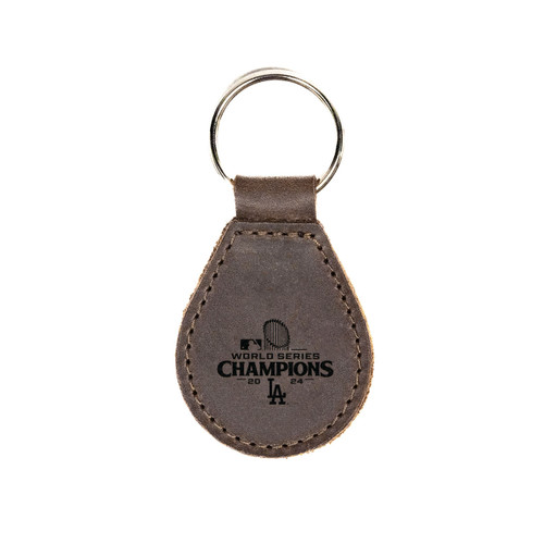 Dark coffee brown leather keychain with the Los Angeles Dodgers World Series logo on the front and the Saddleback logo on the back.