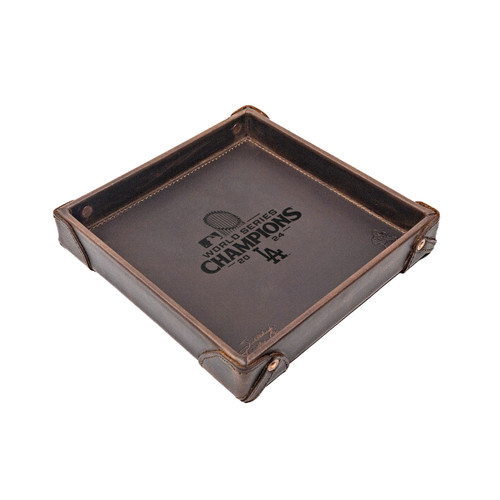Dark coffee brown full grain leather valet tray with the Los Angeles Dodgers World Series logo in the center. Made by Saddleback