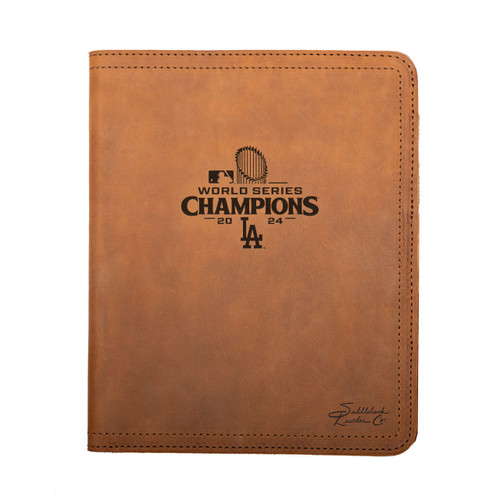 Tobacco leather portfolio cover with the Los Angeles Dodgers World Series logo on the front. Made by Saddleback
