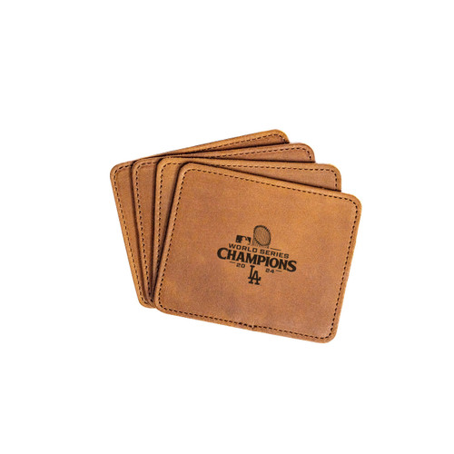 Tobacco leather coaster set of 4 with the Los Angeles Dodgers World Series logo. Made by Saddleback