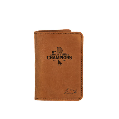Tobacco leather business card holder with the Los Angeles Dodgers World Series logo on the front. Made by Saddleback