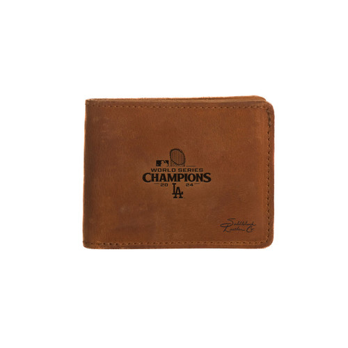 Tobacco colored leather bifold wallet with the Los Angeles Dodgers World Series logo on the front. Made by Saddleback