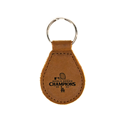 Tobacco colored leather keychain with the Los Angeles Dodgers World Series logo on the front and the Saddleback logo on the back.