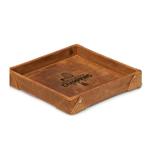 Tobacco colored full grain leather valet tray with the Los Angeles Dodgers World Series logo in the center. Made by Saddleback