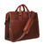 Backside of the red brown leather flight bag briefcase, displaying the shoulder strap and two handles for easy carry. Made by Saddleback