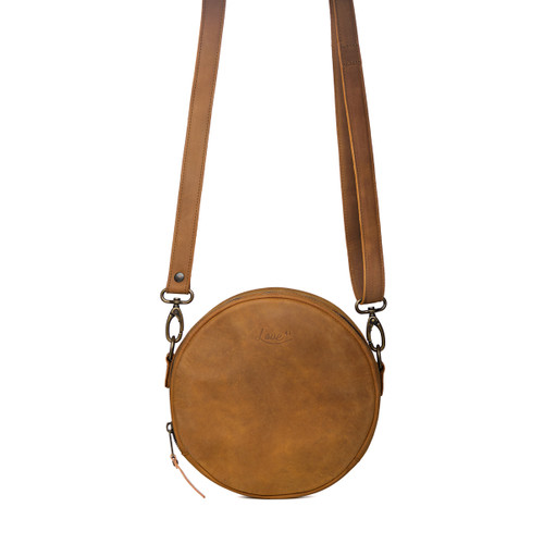 This is the front view of the tobacco circle crossbody purse