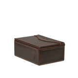 This is the side view of the dark coffee brown small organizer box that holds goods. Made by Saddleback