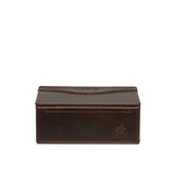 This is the closed dark coffee brown small organizer box that can be used as a desk box, in a briefcase, or in your car. Made by Saddleback